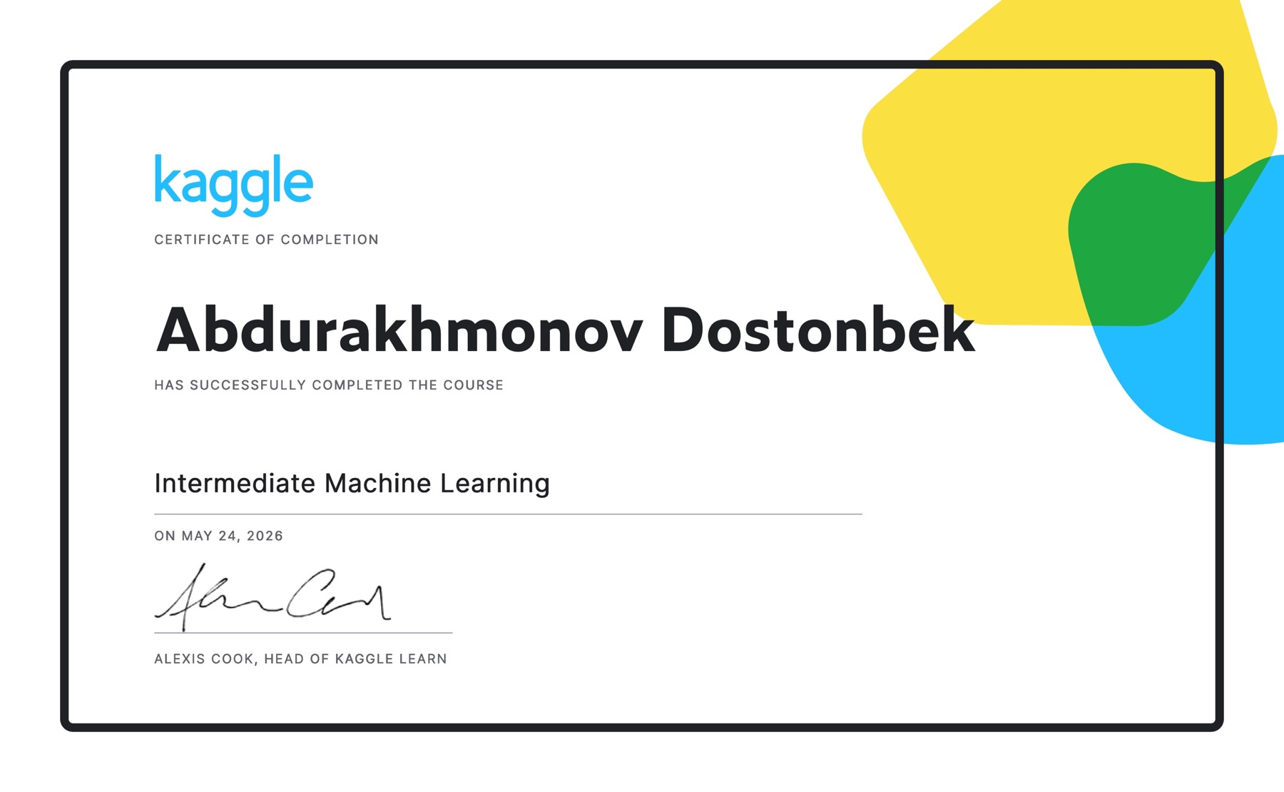 Intermediate Machine Learning certificate