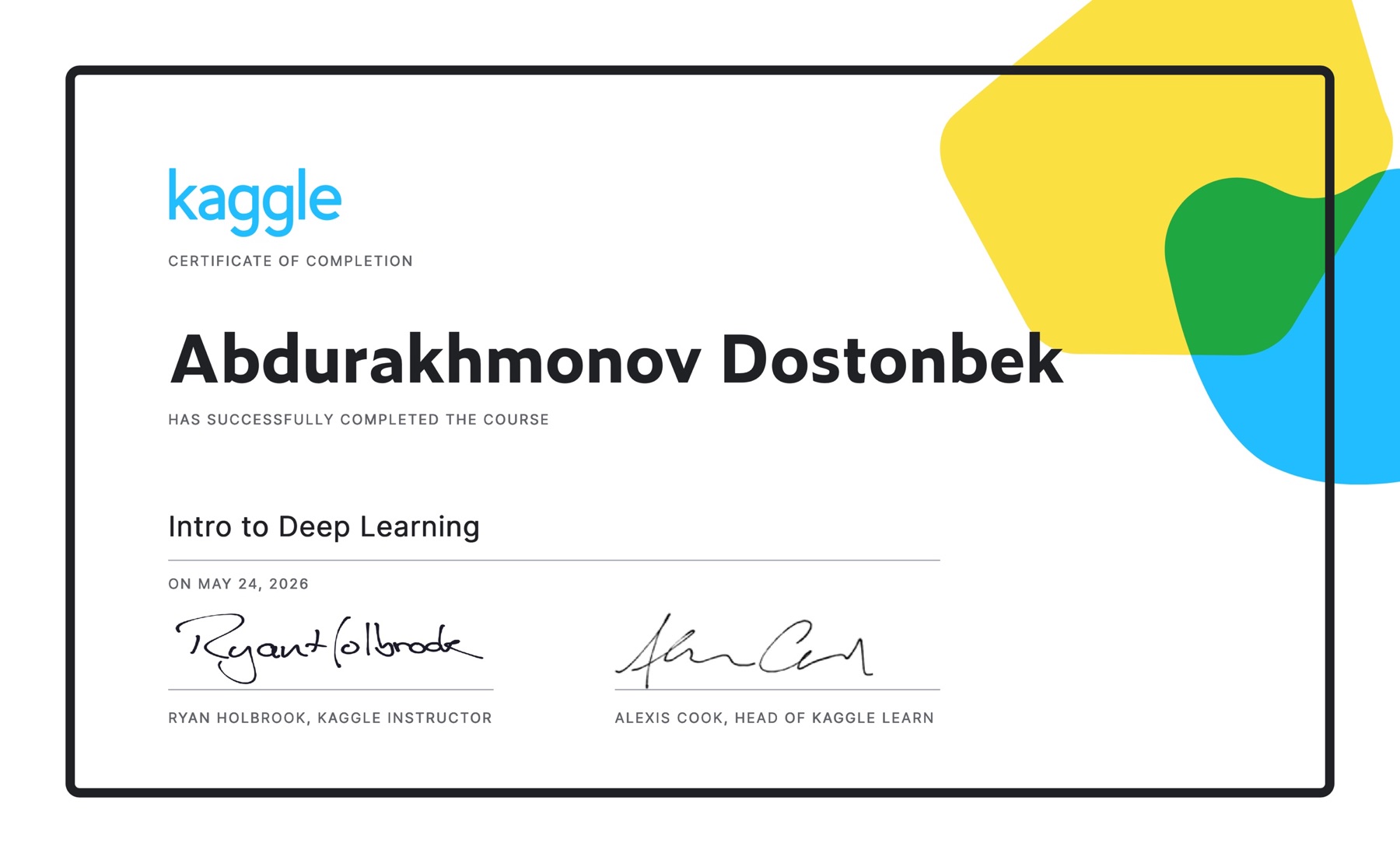 Intro to Deep Learning certificate